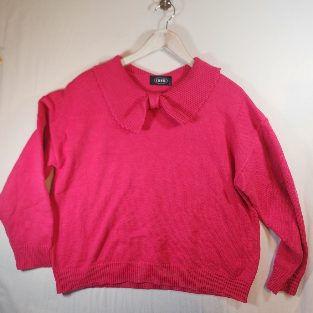 Cider Hot Pink Bow Collar Knit Sweater Long Sleeve Pullover Large
